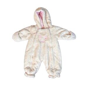 Baby Girl Snowsuit 6-9M White Pink Faux Fur Hooded Winter Bunting Rothschild